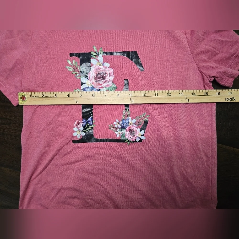 Shein Girls Pink Letter E Floral Short Sleeve Tee